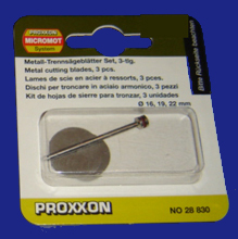 Foto  28830 Trennsägeblätter je 1 Stück d=16mm d=19mm d=22mm + 1 Träger Proxxon