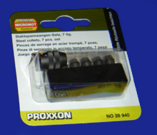 Foto  28940 MICROMOT Stahlspannzangen 6 Stück von 1 bis 3,2 mm mit Halter Proxxon