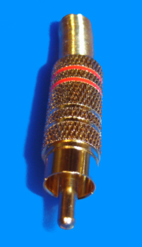 Foto Cinchstecker rot für Kabel 7mm vergoldet mit Knickschutz Lötanschluss